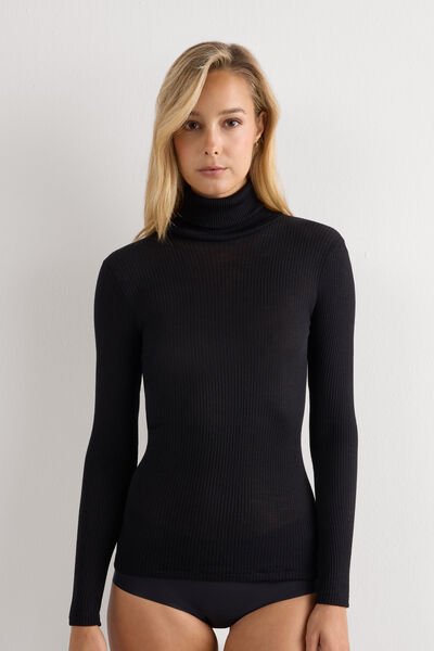 Long-sleeve High-Neck Tubular Top in Wool and Silk